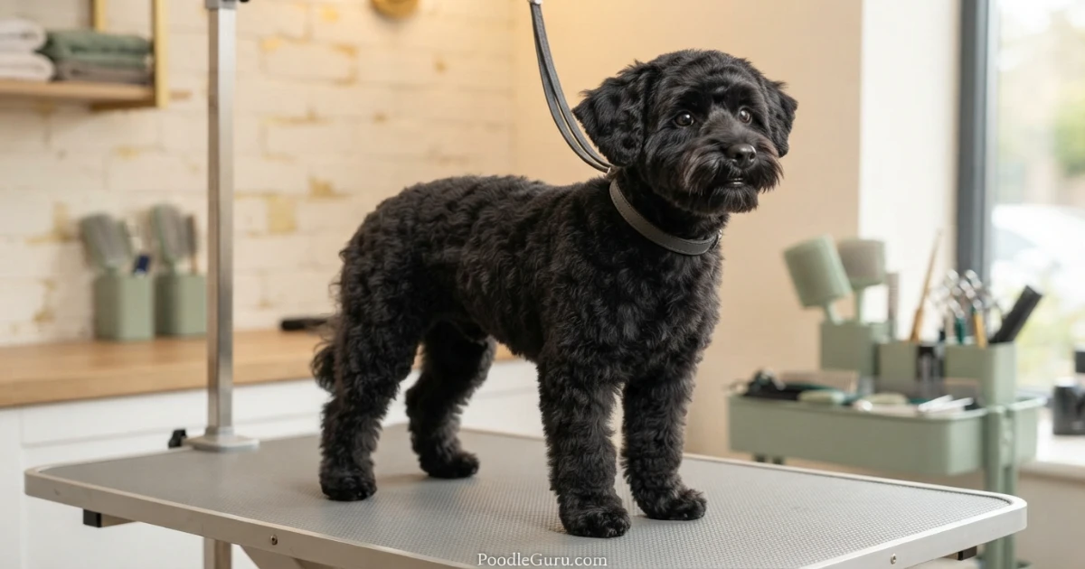 Freshly groomed black Schnoodle with an even coat clip on a grooming table