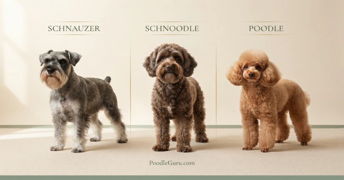Visual comparison of a Miniature Schnauzer, a Schnoodle, and a Miniature Poodle