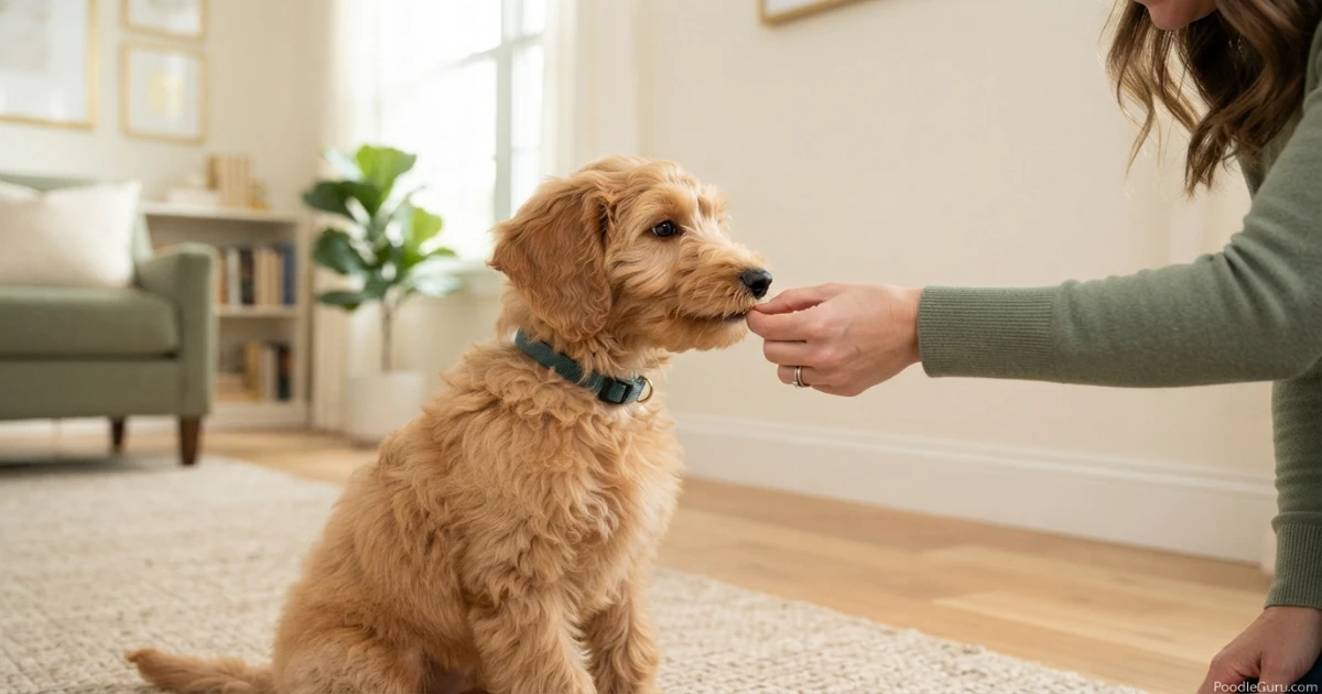 Schnoodle puppy receiving a treat during a positive reinforcement training session