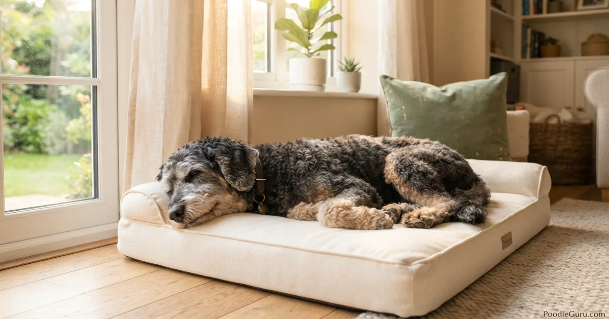 Senior Bernedoodle with silver-faded coat resting on a cream dog bed in afternoon light
