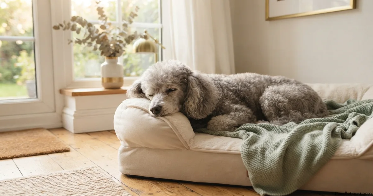 Senior silver Miniature Poodle resting peacefully, representing the importance of kidney health screening in aging poodles