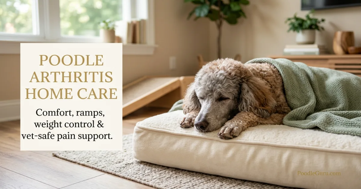 Senior Standard Poodle using orthopedic bedding for poodle arthritis home care