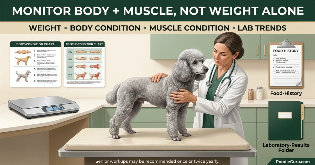 Veterinarian assessing body and muscle condition in a senior Miniature Poodle