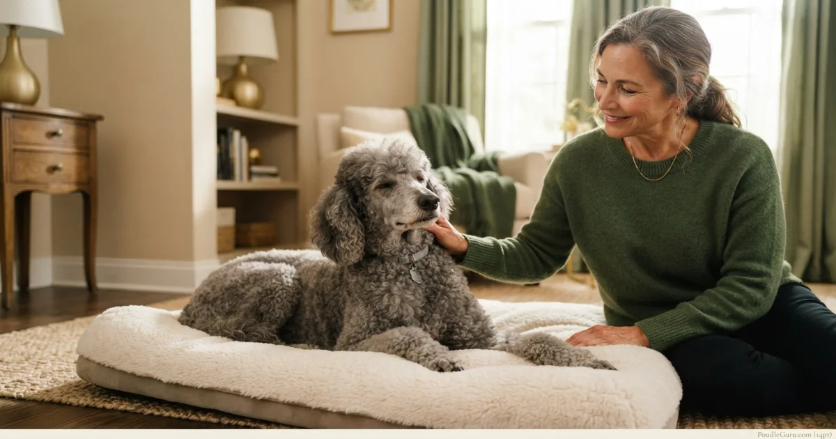 Senior Standard Poodle being gently woken by owner to avoid startling a dog with hearing loss