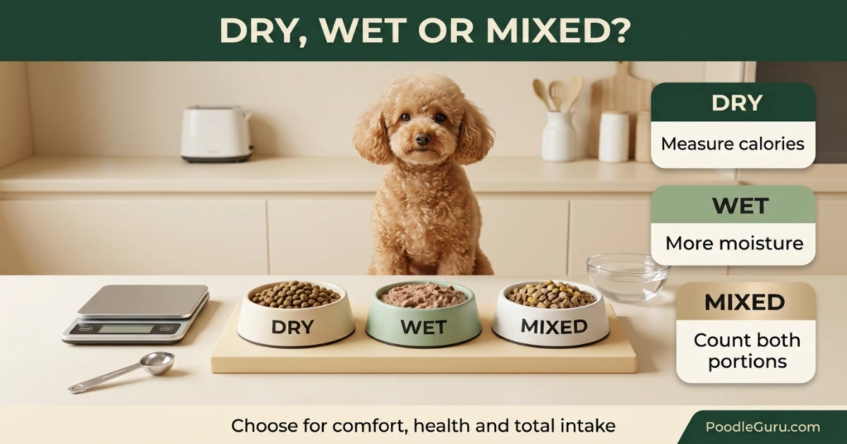 Senior Poodle dry wet and mixed food comparison for hydration calories and chewing comfort