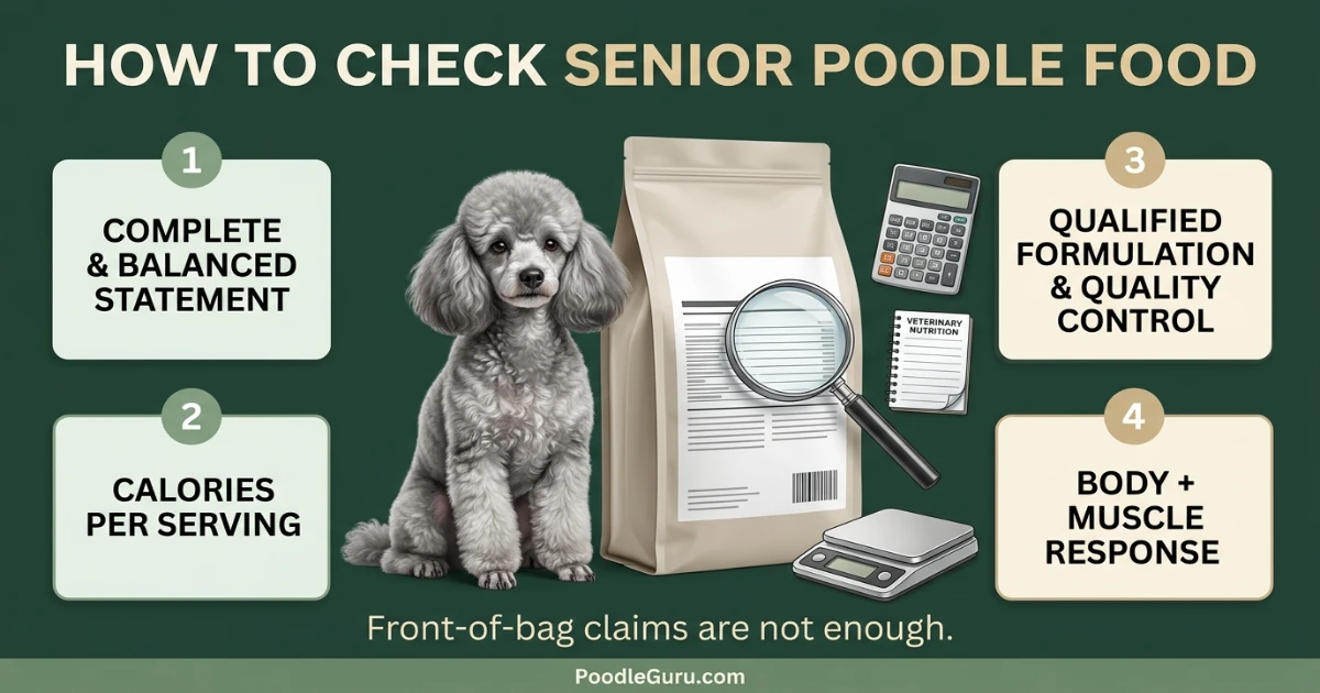 Senior Poodle food label checklist showing nutrition adequacy calories and manufacturer quality questions