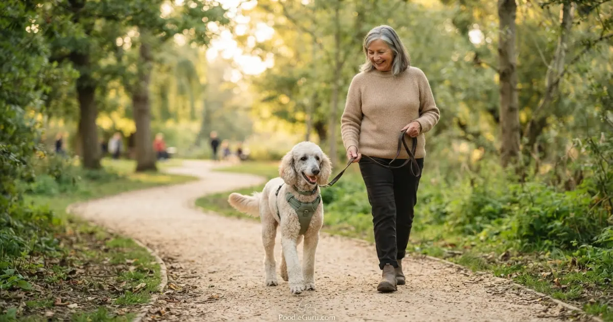 Older Standard Poodle enjoying a gentle walk under vet-guided exercise plan