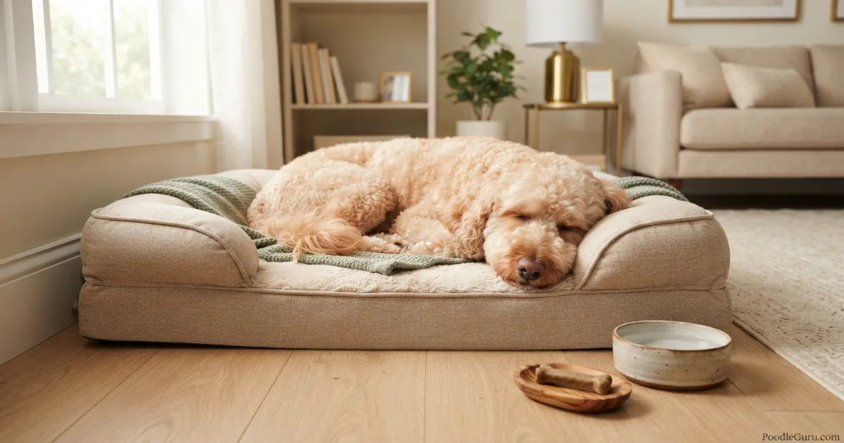 Senior apricot Poodle resting on an orthopedic bed with a generic joint support chew nearby