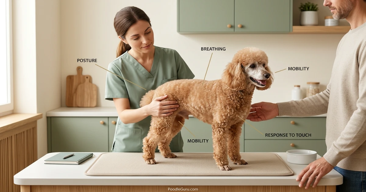 Close-up of a senior Miniature Poodle with a gray muzzle and bright, relaxed eyes