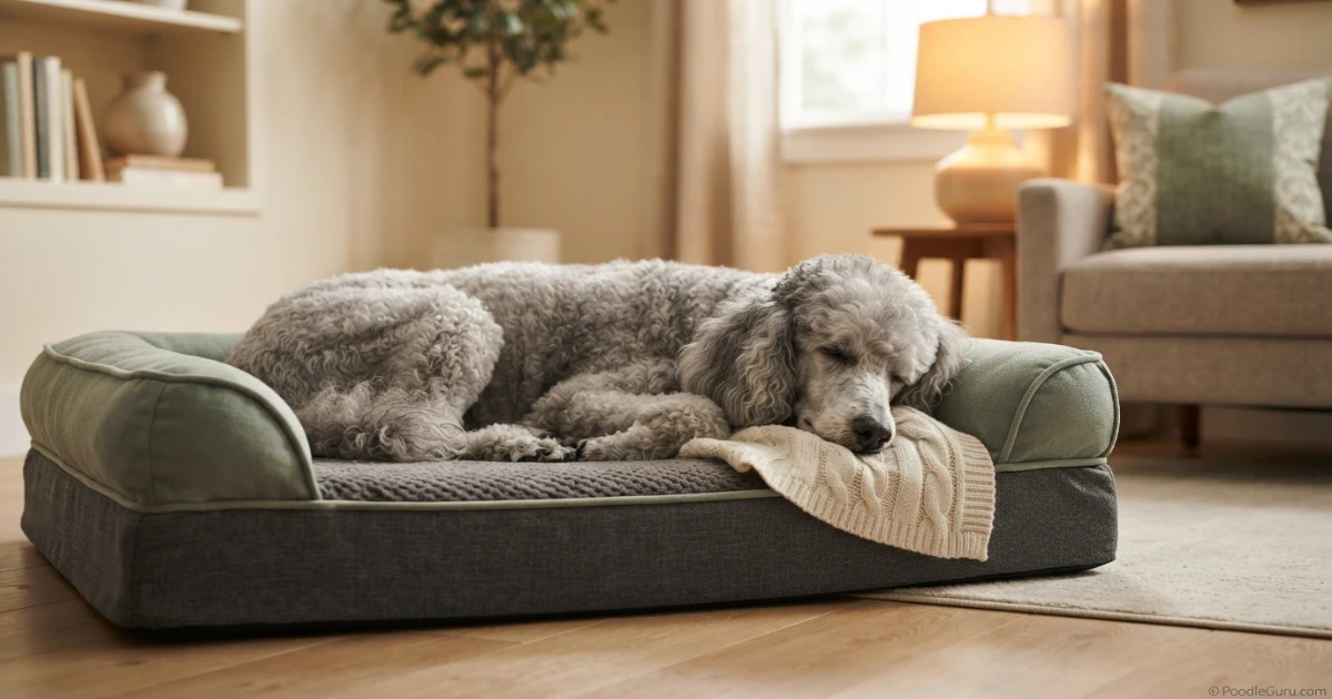 Senior Standard Poodle resting on orthopedic bed — poodle arthritis symptoms and comfort context