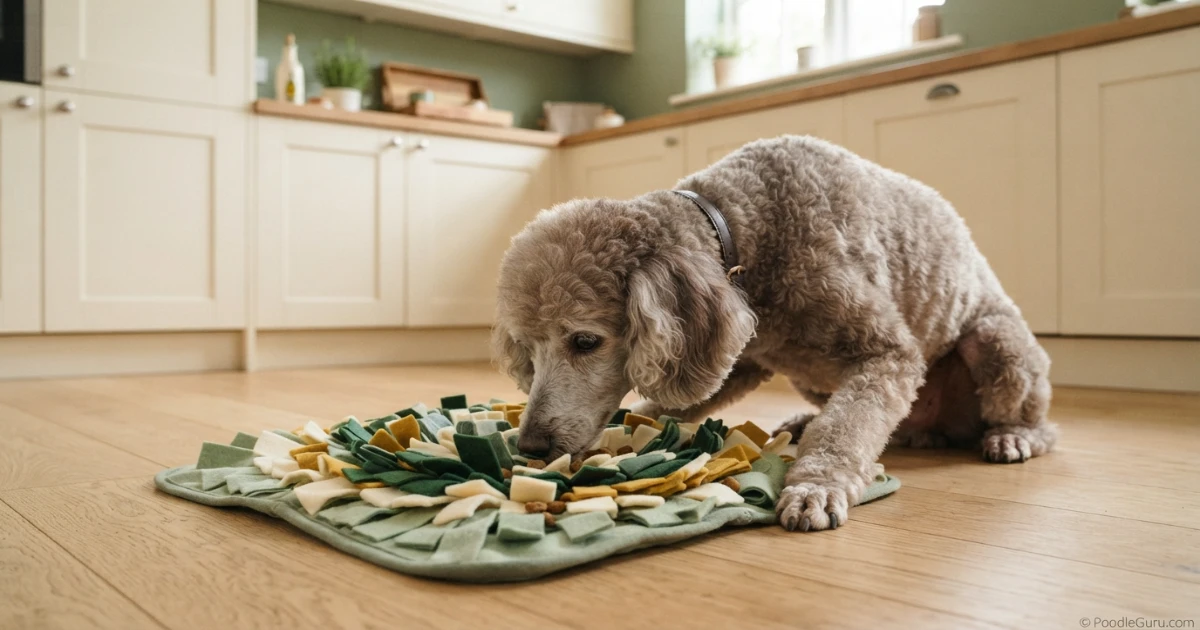 Senior Miniature Poodle using a snuffle mat for mental stimulation