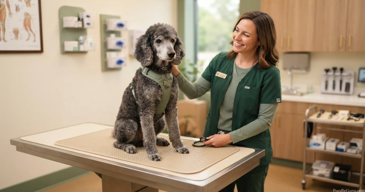 Senior Standard Poodle receiving a veterinary exam for dementia-like symptoms