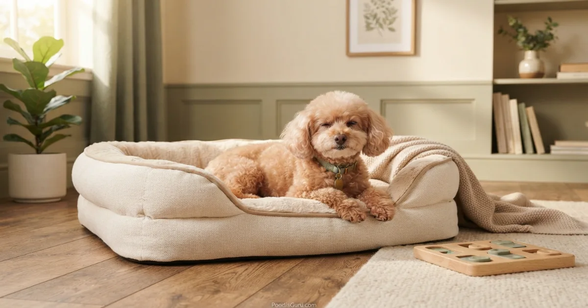 Senior Toy Poodle resting on an orthopedic bed with puzzle toy nearby