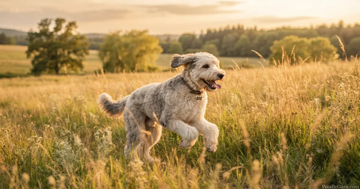 Sheepadoodle running through grassy field for daily exercise
