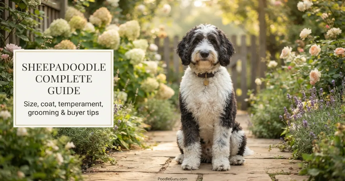 Sheepadoodle complete guide with black and white wavy coat portrait