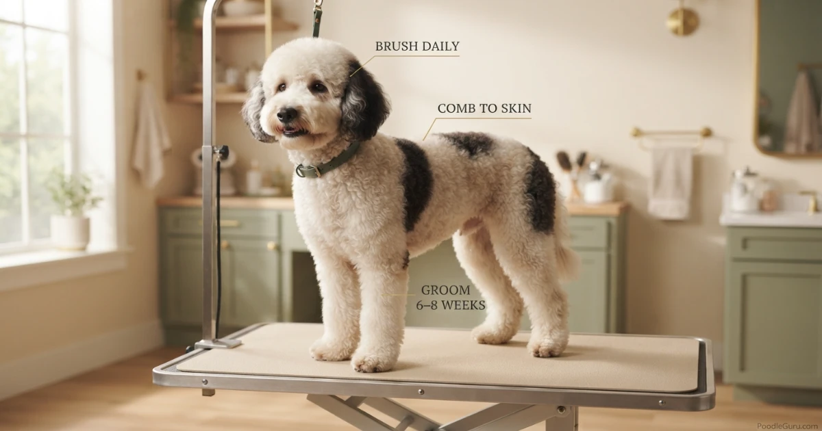 Freshly groomed Sheepadoodle with teddy bear cut on grooming table
