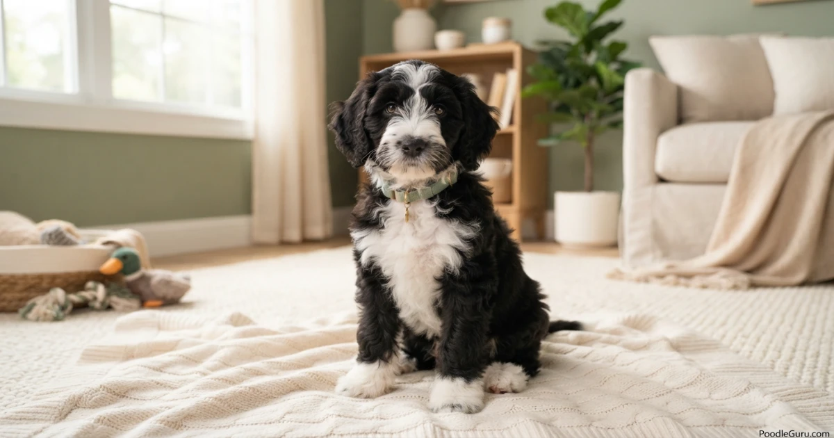 Sheepadoodle puppy with black and white markings on cream blanket
