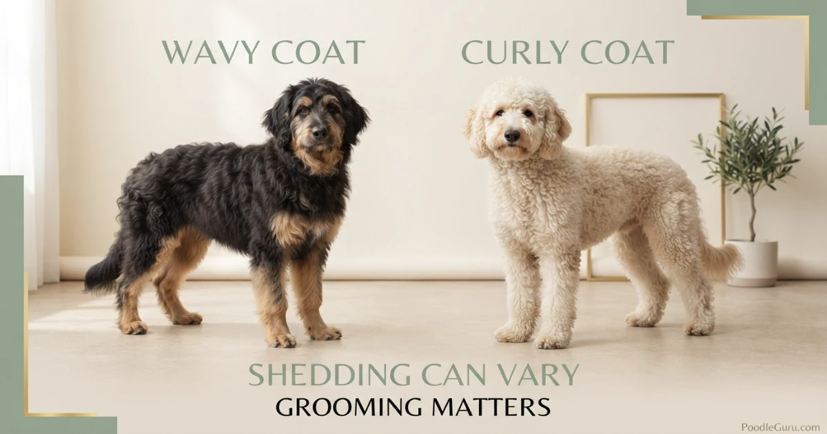 Two Shepadoodles showing wavy and curly coat type variation