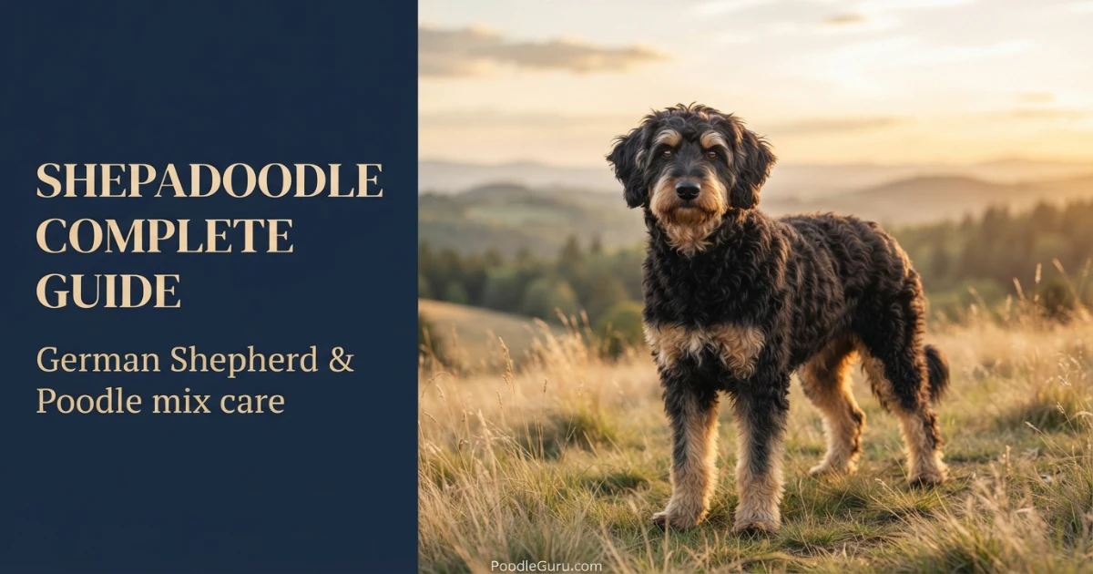 Shepadoodle complete guide with German Shepherd Poodle mix on hilltop