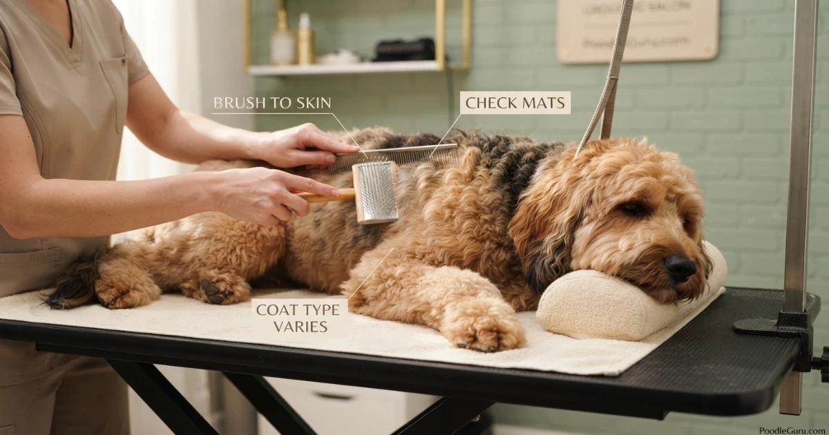 Shepadoodle being brushed on grooming table for coat care routine
