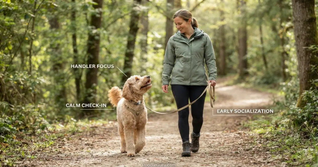 Shepadoodle walking beside owner on trail showing handler focus