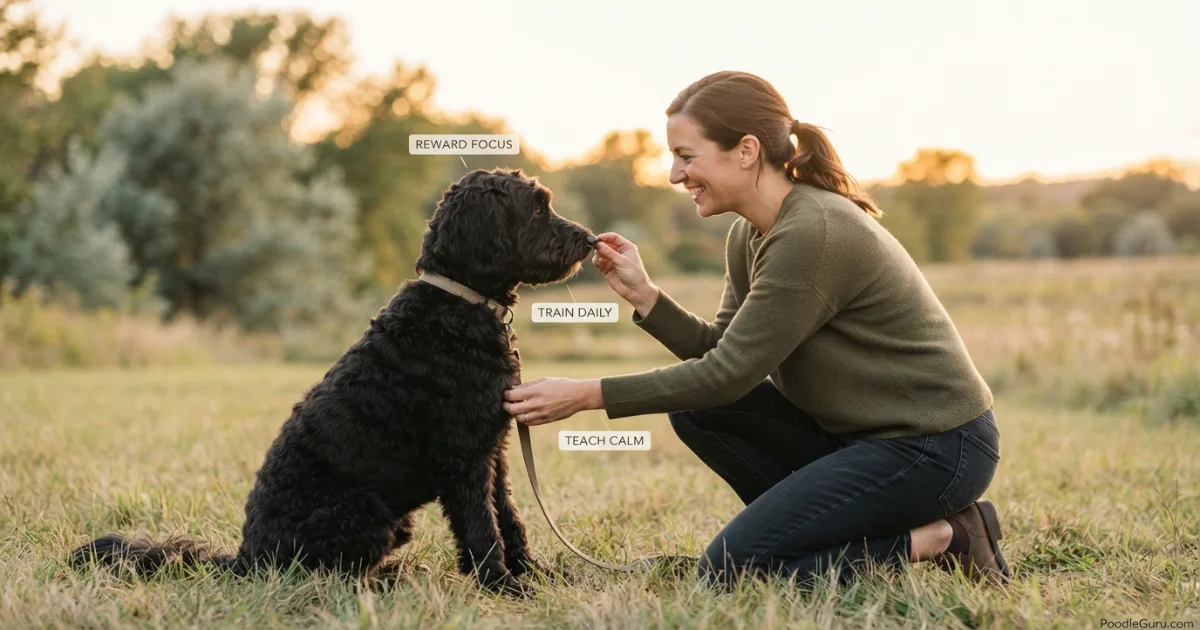 Shepadoodle focusing on owner during positive reinforcement training