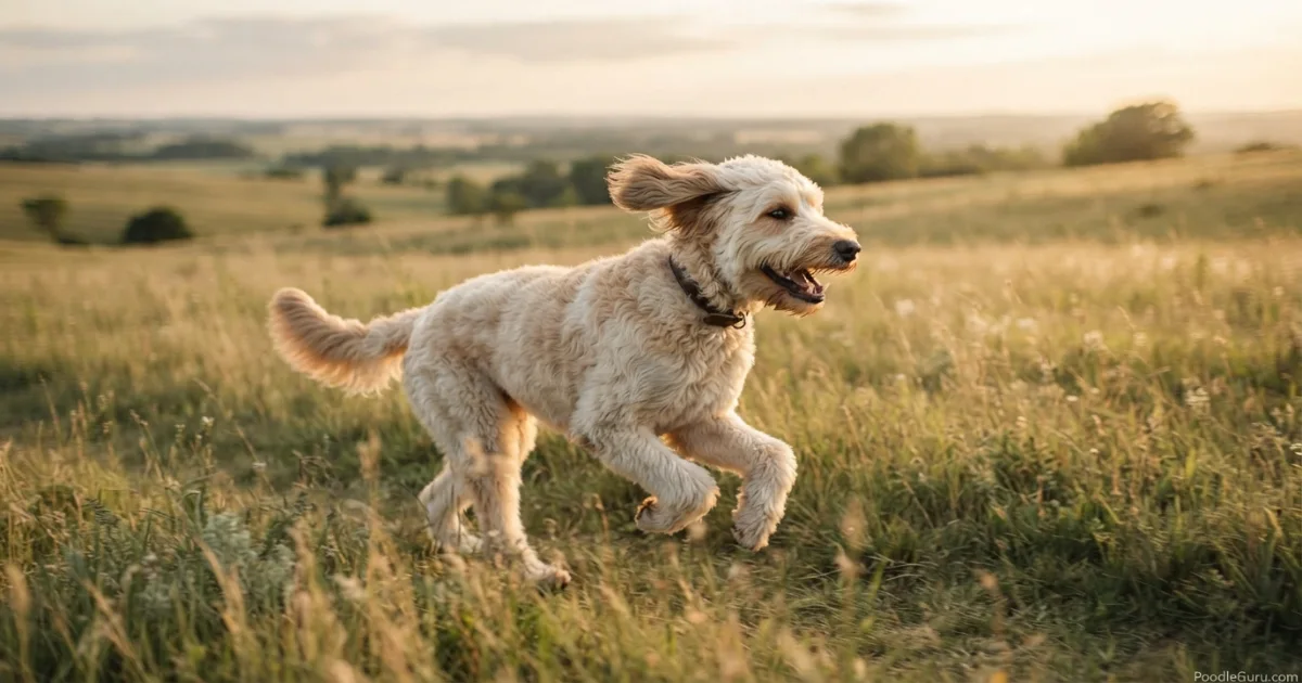 Shepadoodle running across open field for daily exercise needs