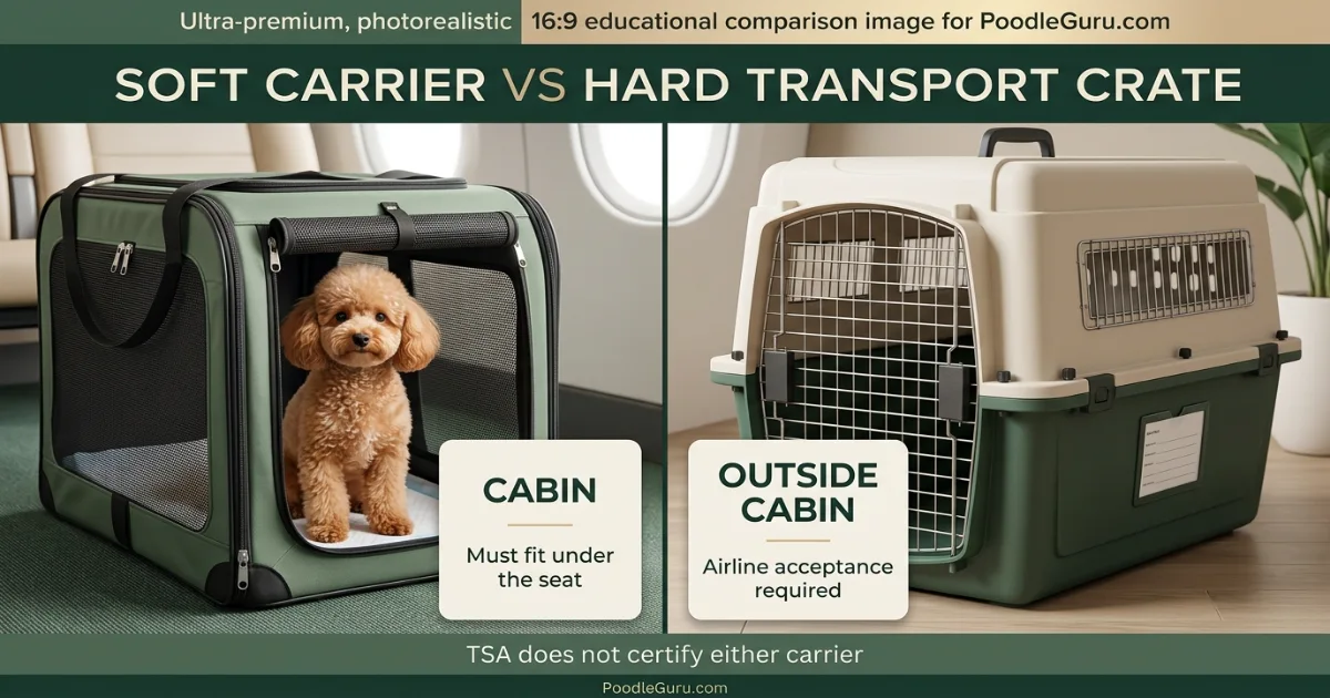 Soft under-seat Poodle carrier compared with a hard transport crate for larger-dog travel