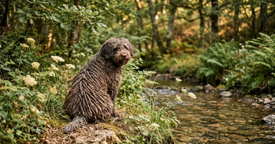 Spanish Water Dog with natural rustic corded coat sitting by water showing rugged working-breed style