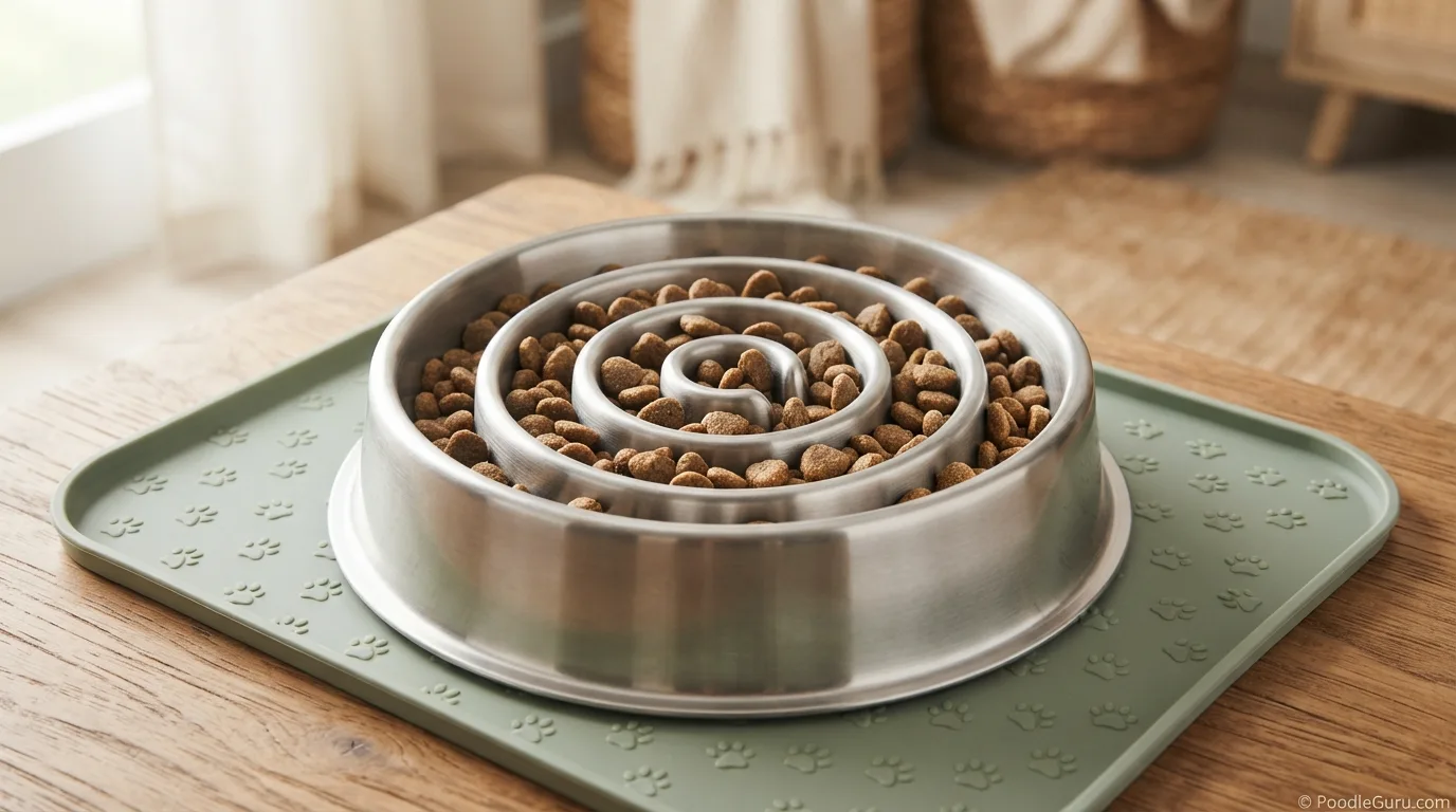 Stainless steel slow feeder dog bowl with kibble for poodle