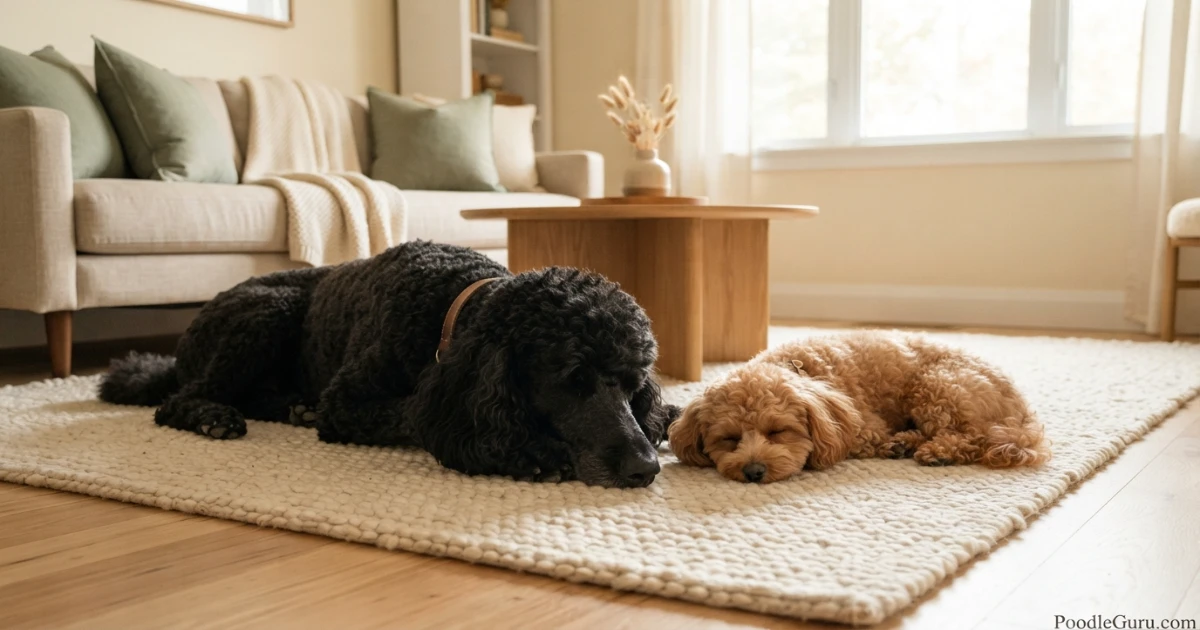 Standard Poodle and Toy Poodle lying calmly together in a living room