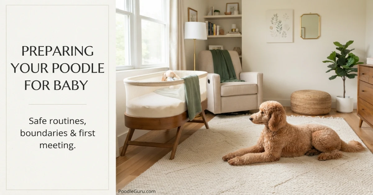 Standard Poodle resting calmly near a baby bassinet during new-baby preparation