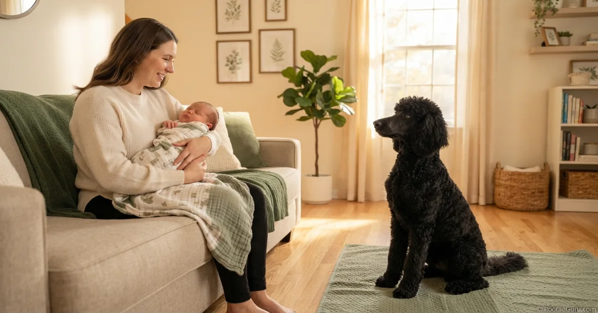 Standard Poodle sitting calmly at a respectful distance while a parent holds a newborn baby