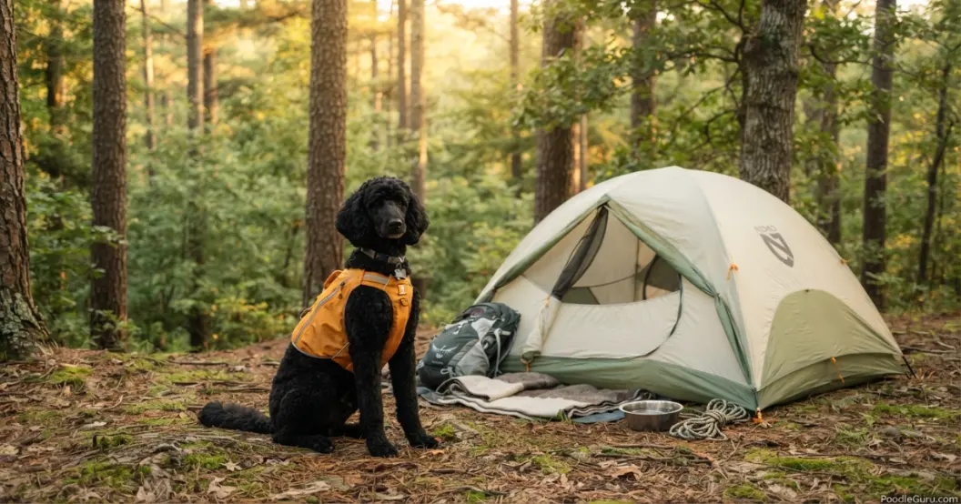 Camping with a dog showing a Standard Poodle beside a tent in a forest