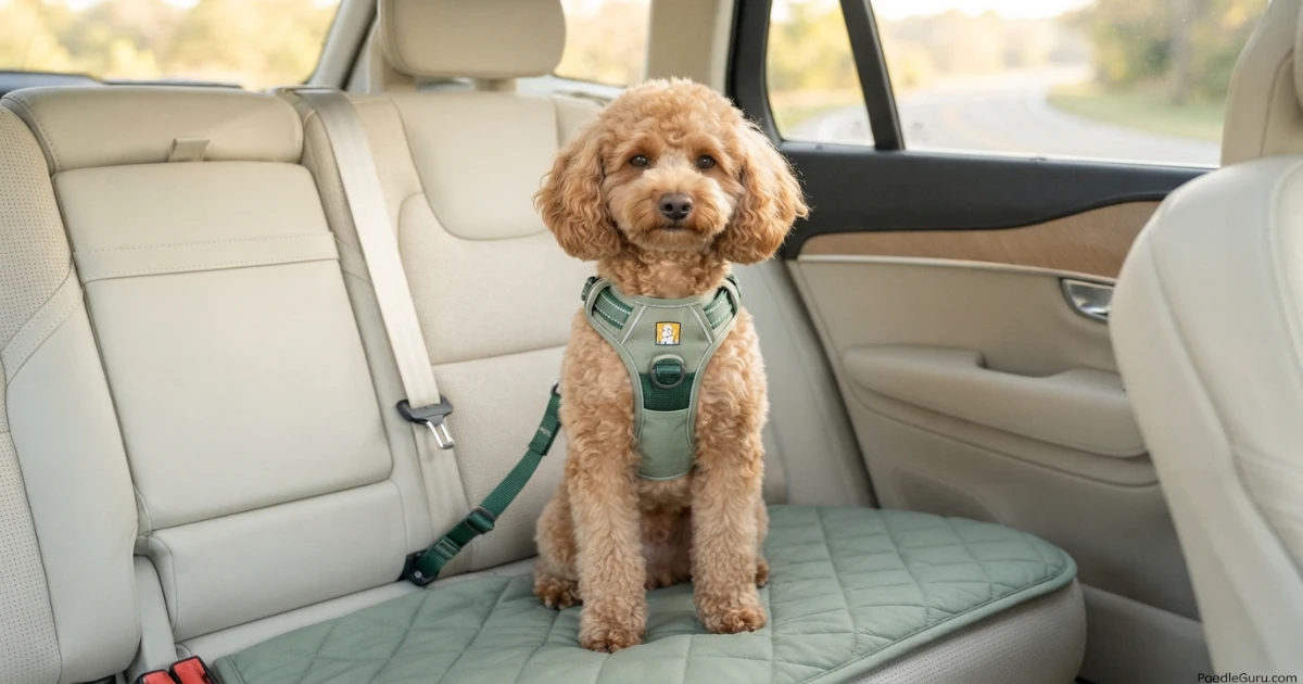 Standard Poodle wearing a safe rear-seat car harness system