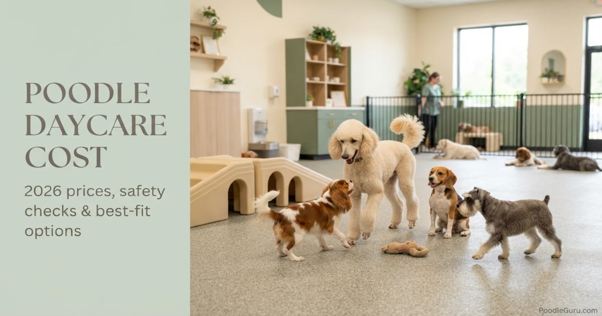 Standard Poodle in clean daycare playgroup showing poodle daycare cost and safety considerations