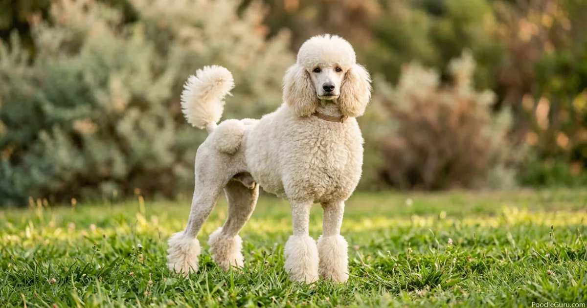 Standard Poodle in a traditional lion clip showing elegant structure and dense curls