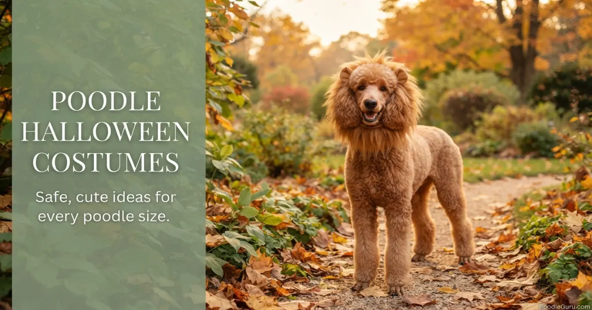 Apricot Standard Poodle wearing a simple lion mane Halloween costume in an autumn yard