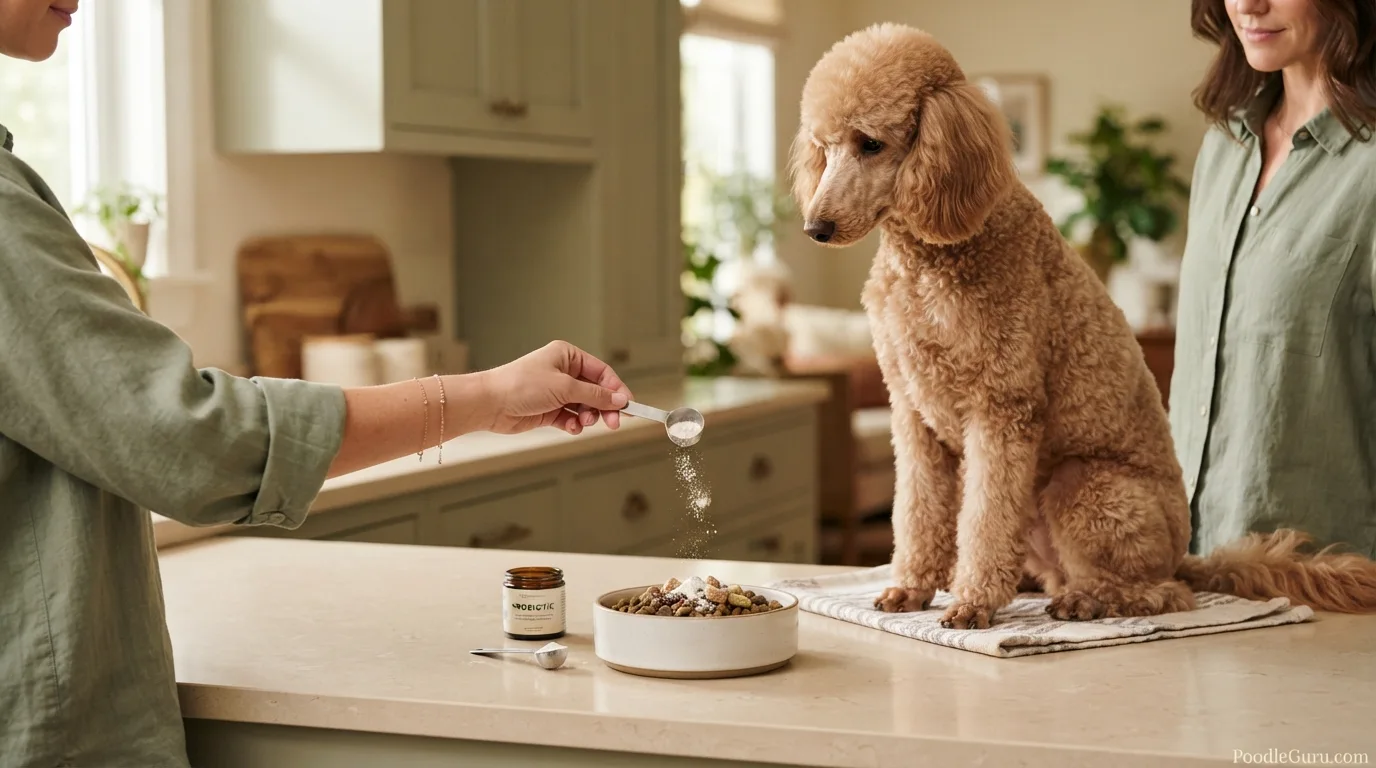 Standard Poodle watching owner introduce probiotic powder into food bowl