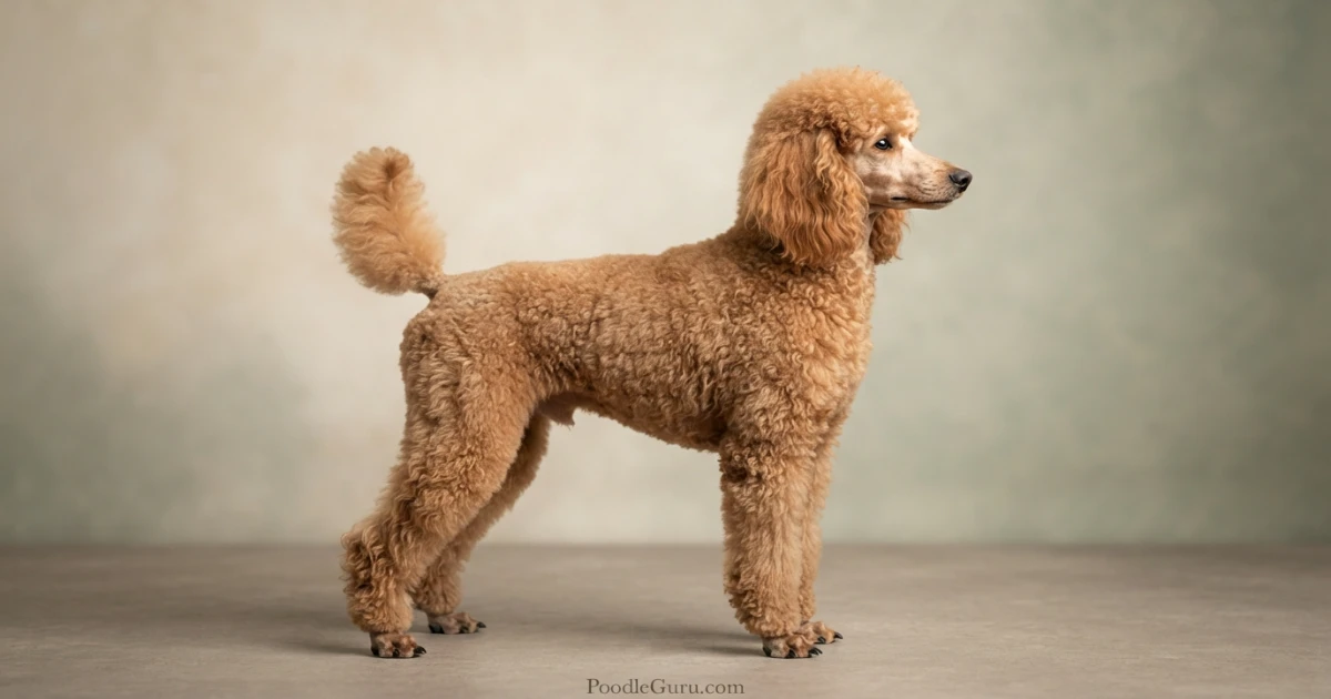Apricot Standard Poodle in profile showing purebred structure and dense curly coat