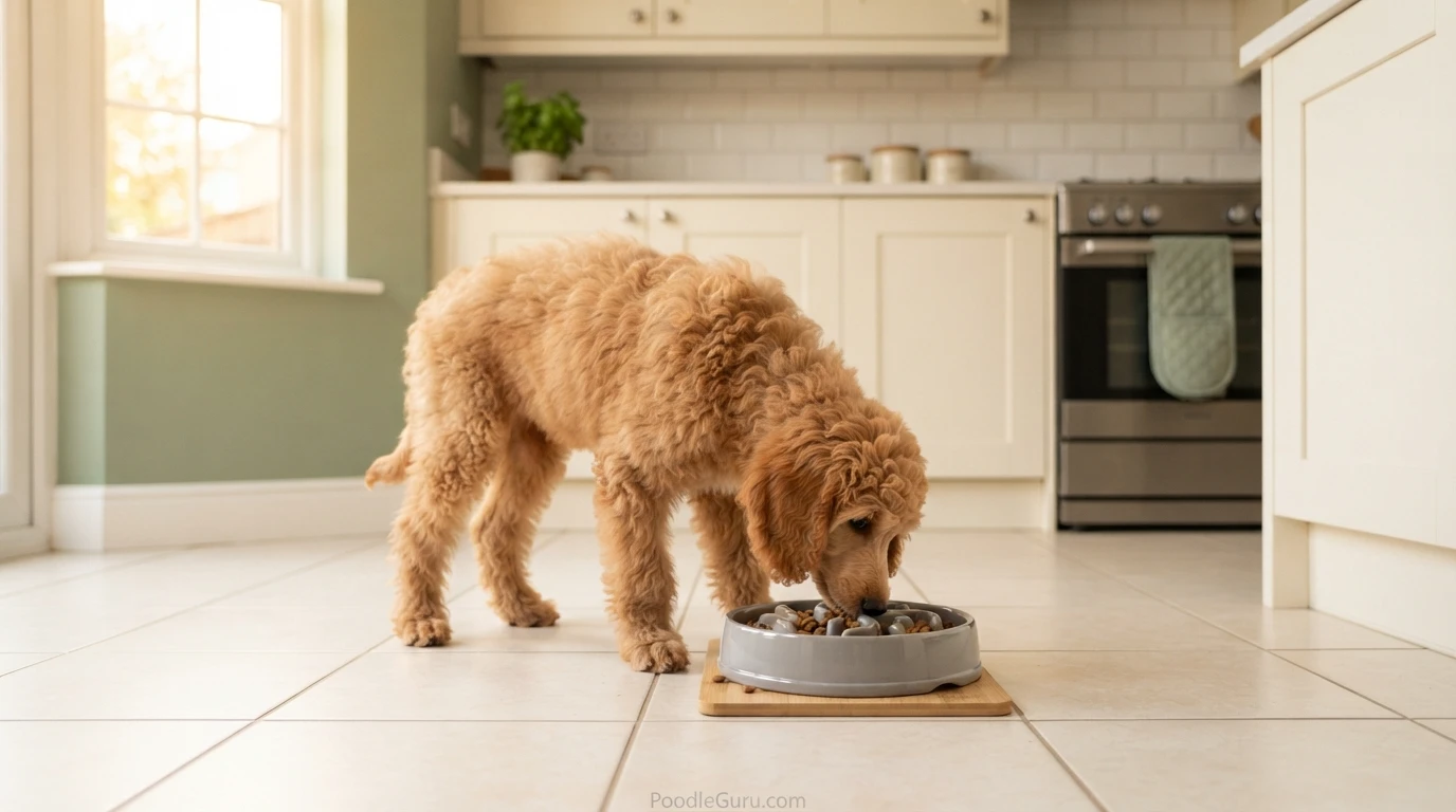 Standard Poodle puppy eating from a slow feeder bowl in a bright kitchen