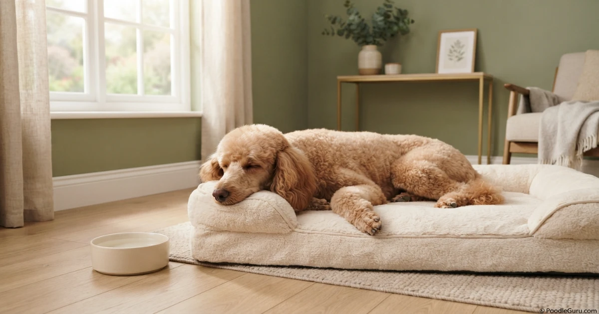 Standard Poodle resting comfortably during pancreatitis recovery at home