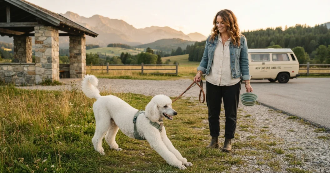 Standard Poodle stretching at a scenic rest stop while owner offers water