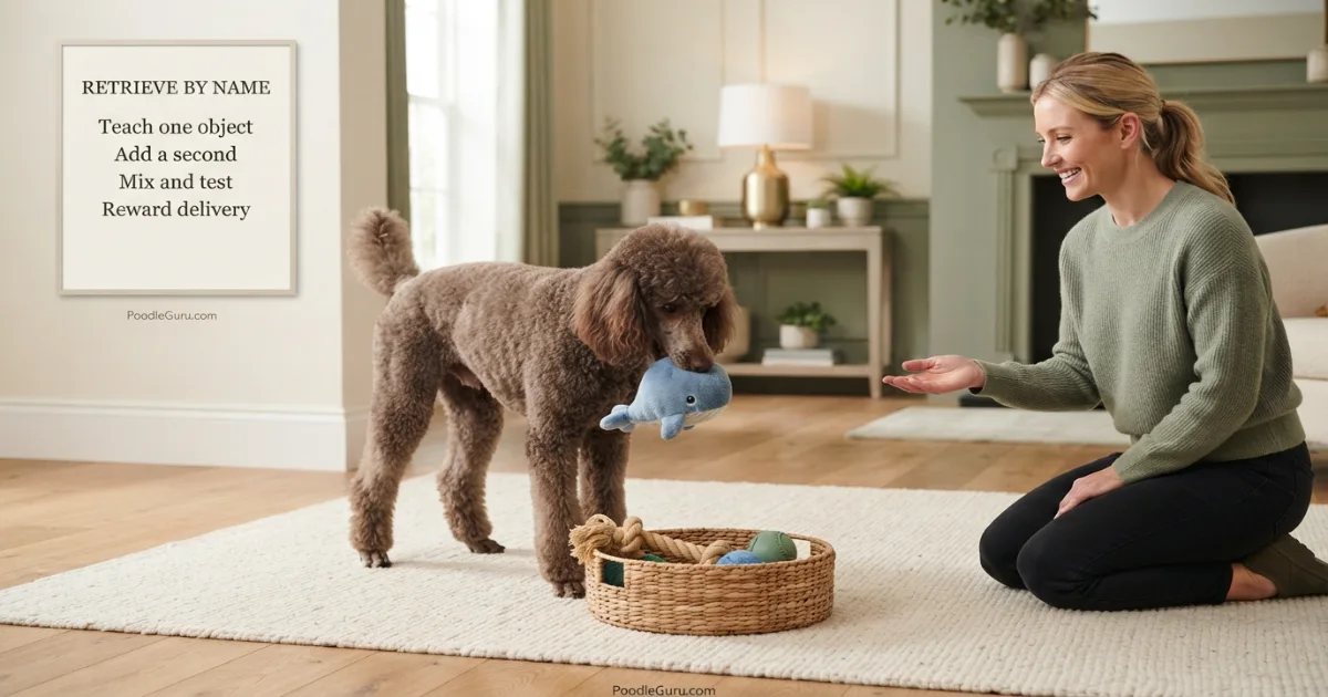 Standard Poodle retrieving a named toy from a basket during advanced trick training