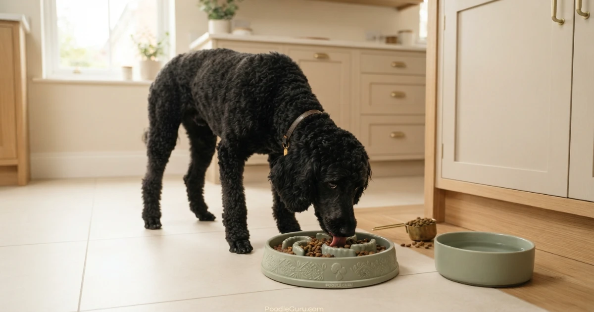 Standard Poodle eating from a slow-feeder bowl to reduce gulping