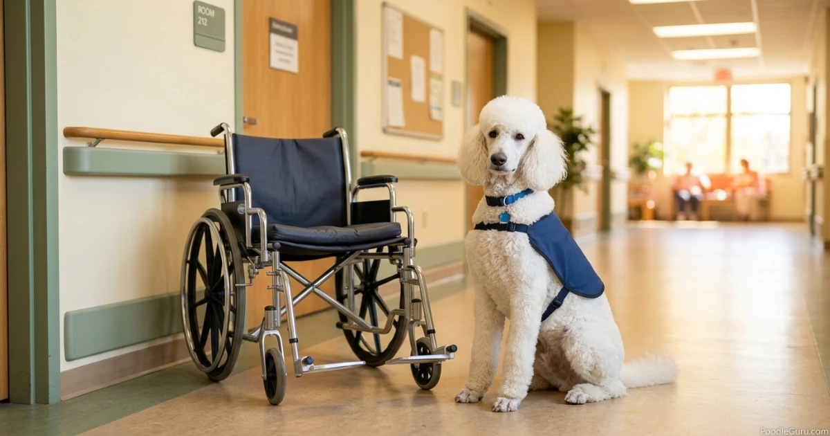 Standard Poodle therapy dog sitting calmly beside a wheelchair during a therapy visit preparation scene
