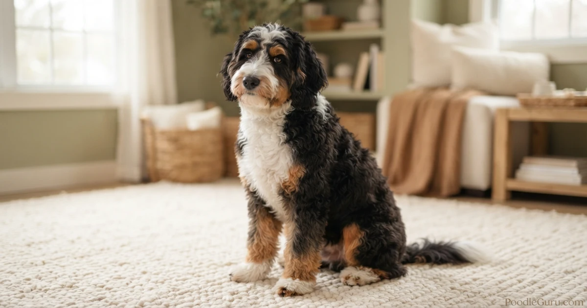 Standard Bernedoodle with wavy tri-color coat sitting indoors in natural light
