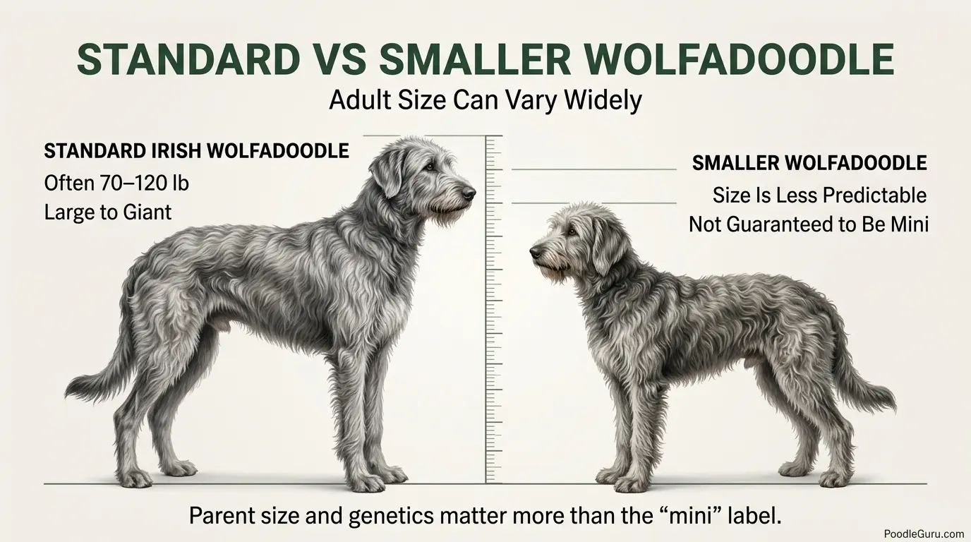 Standard vs mini Irish Wolfadoodle size comparison chart