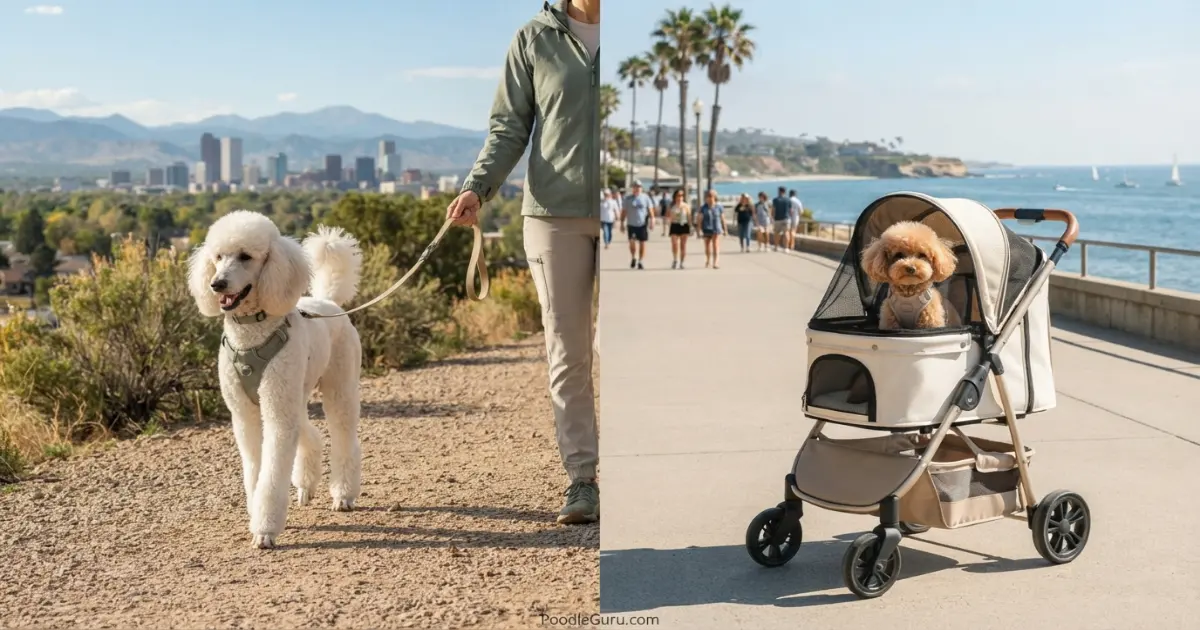 Standard Poodle trail lifestyle compared with Toy Poodle city boardwalk lifestyle for poodle city choices