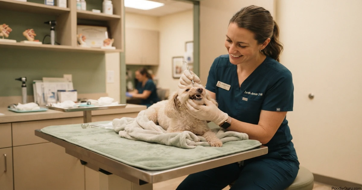 Veterinarian checking small dog's teeth for dental health